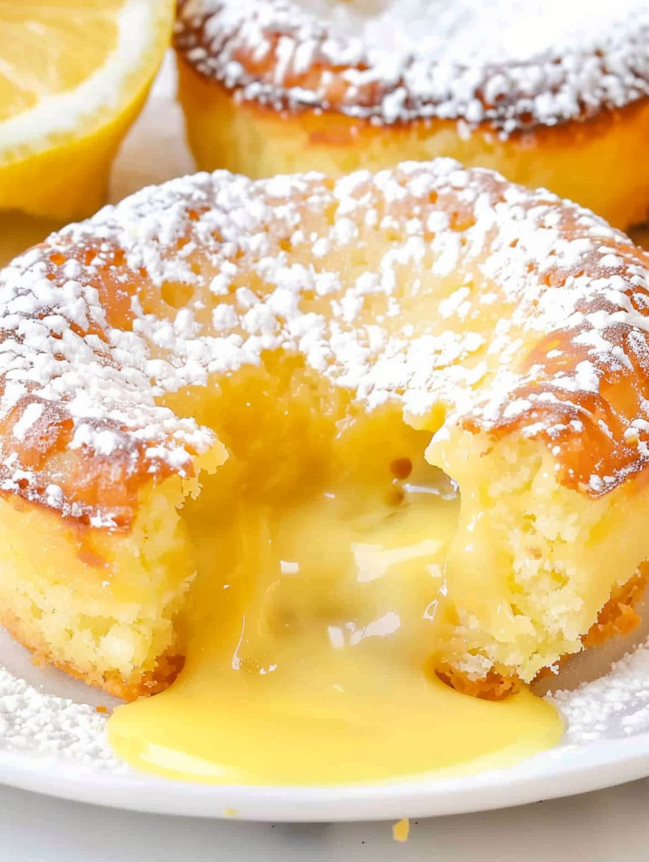 A slice of lemon lava cake with a yellow sauce.