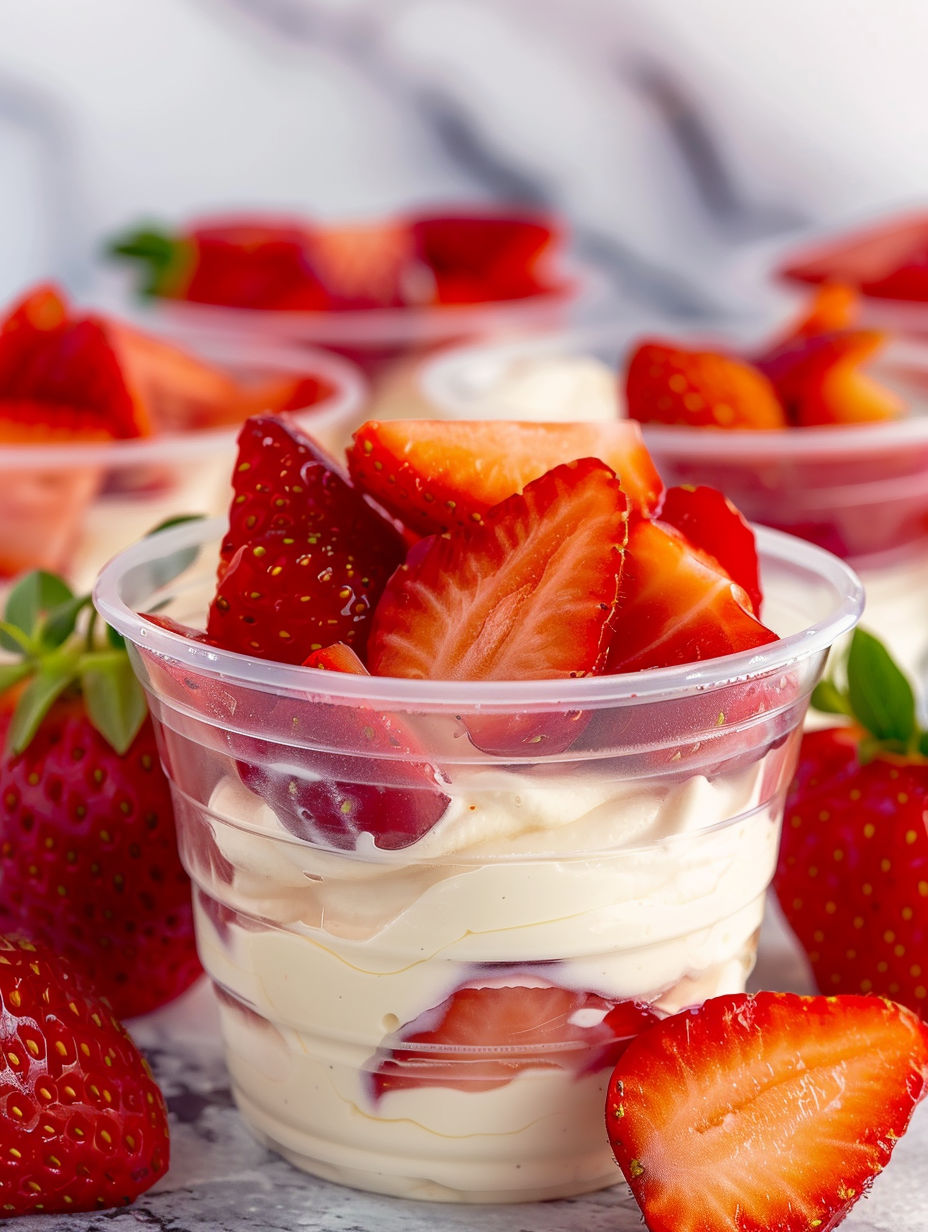 A bowl of cream with strawberries.