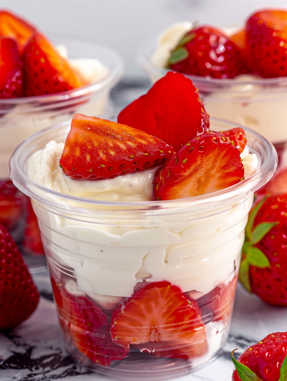 A bowl of cream with strawberries.