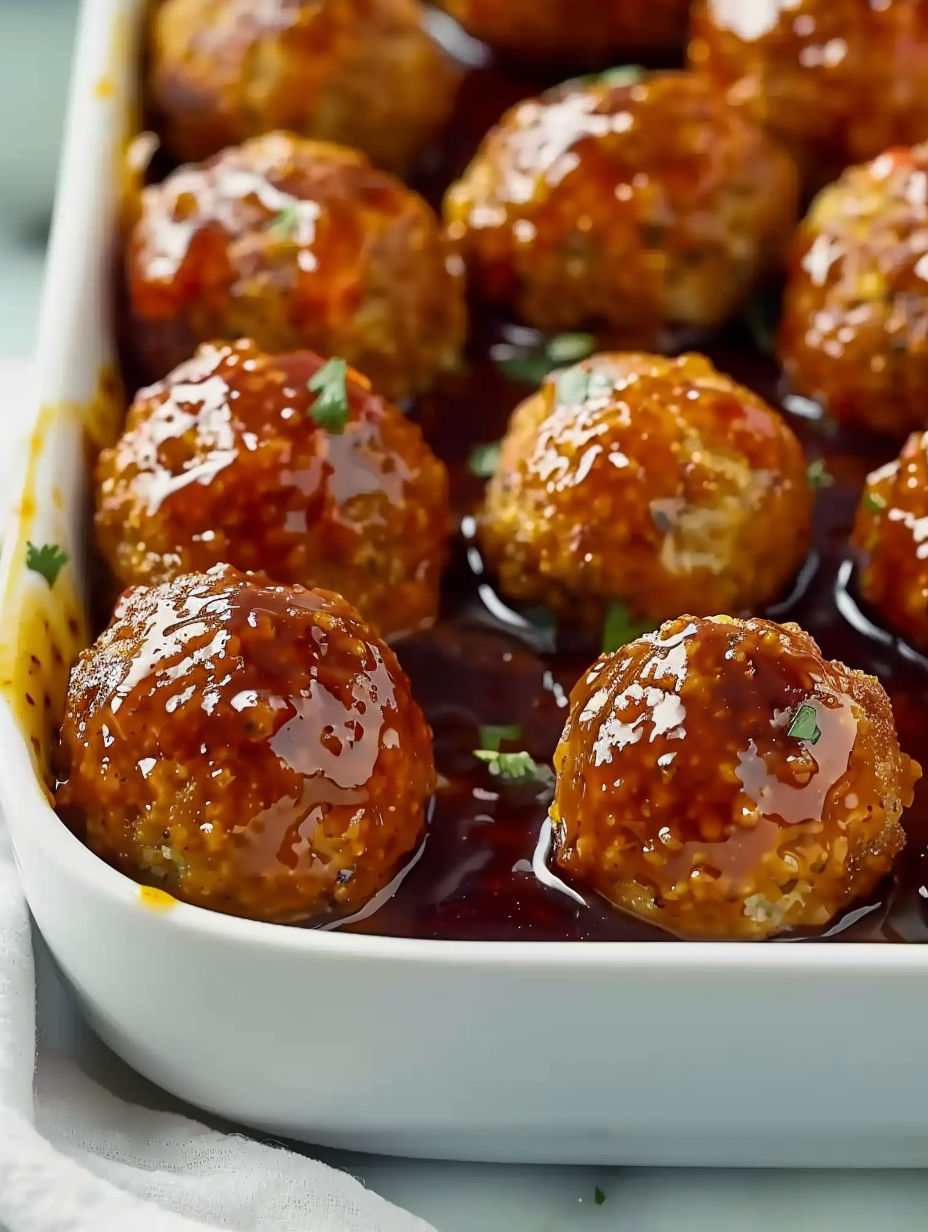 A plate of baked ham balls in a brown sauce.