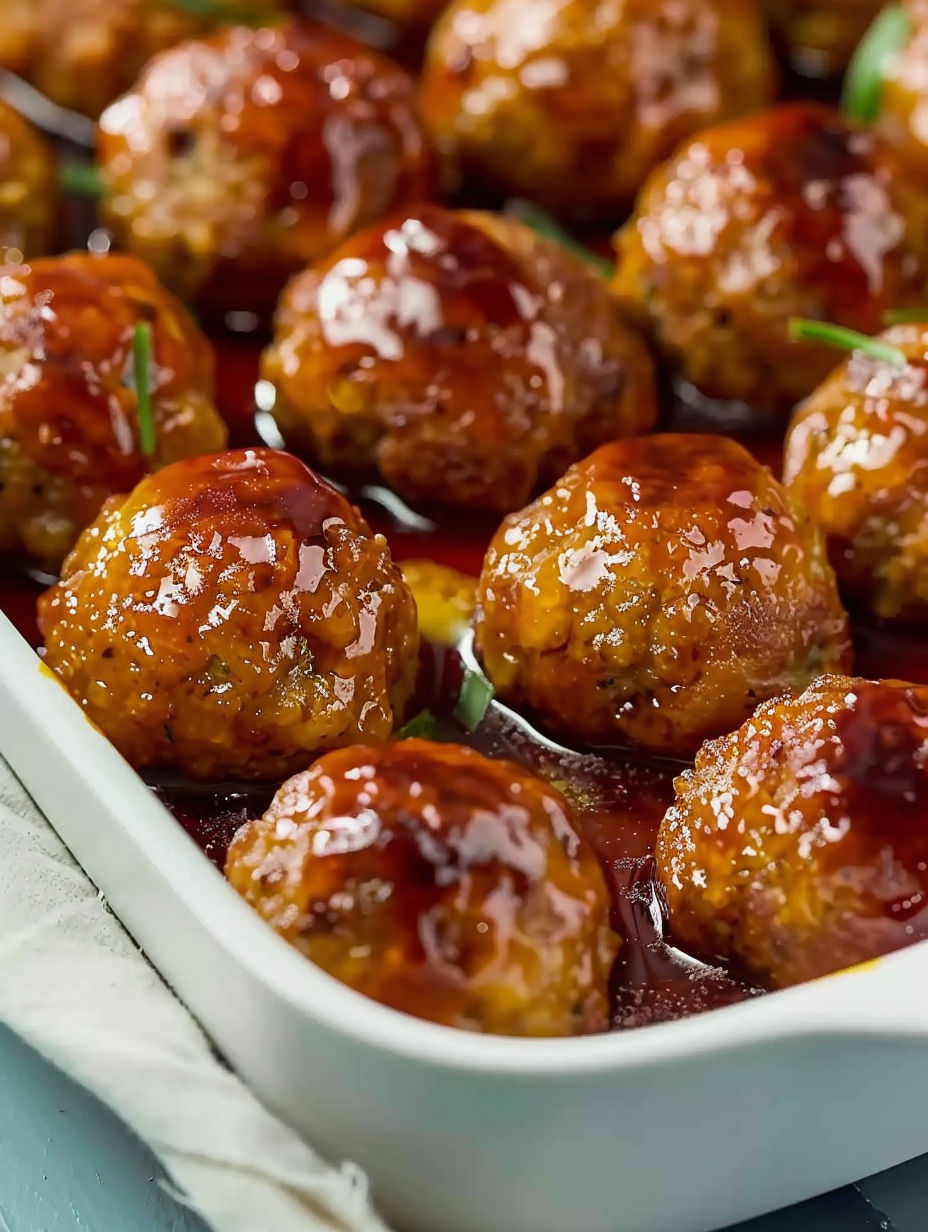 A plate of ham balls in a brown sauce.