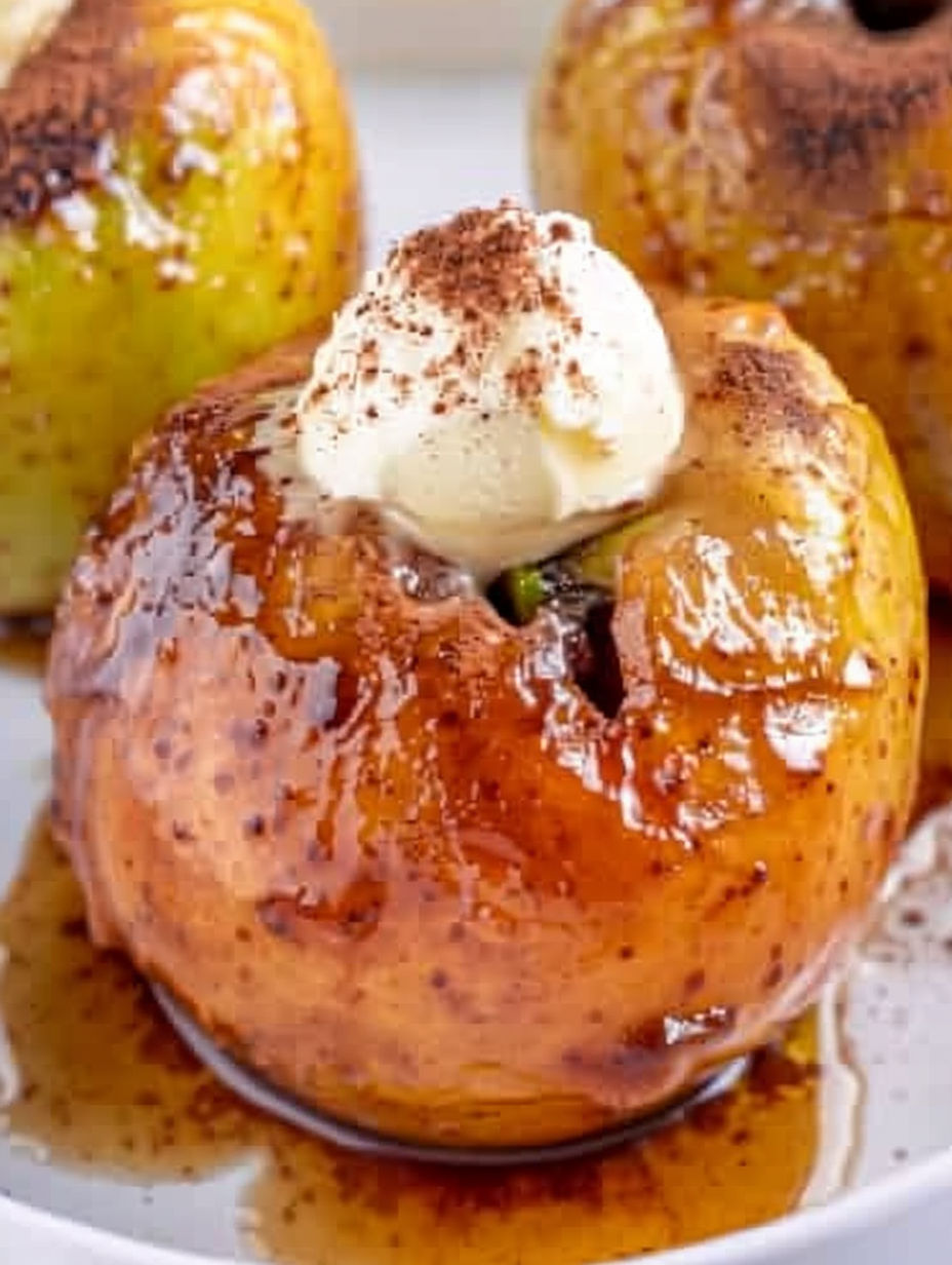 A baked apple with whipped cream on top.