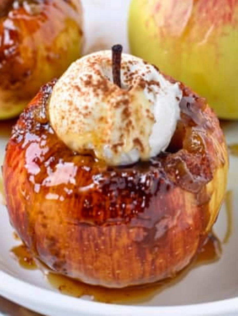 A baked apple with whipped cream on top.