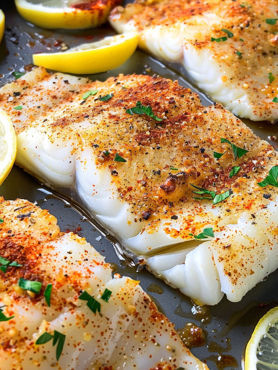 A pan of fish with lemon slices on top.
