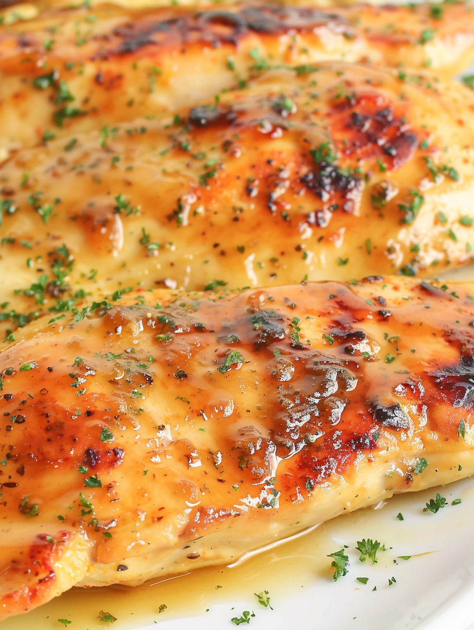A close up of a piece of chicken with a honey mustard glaze.