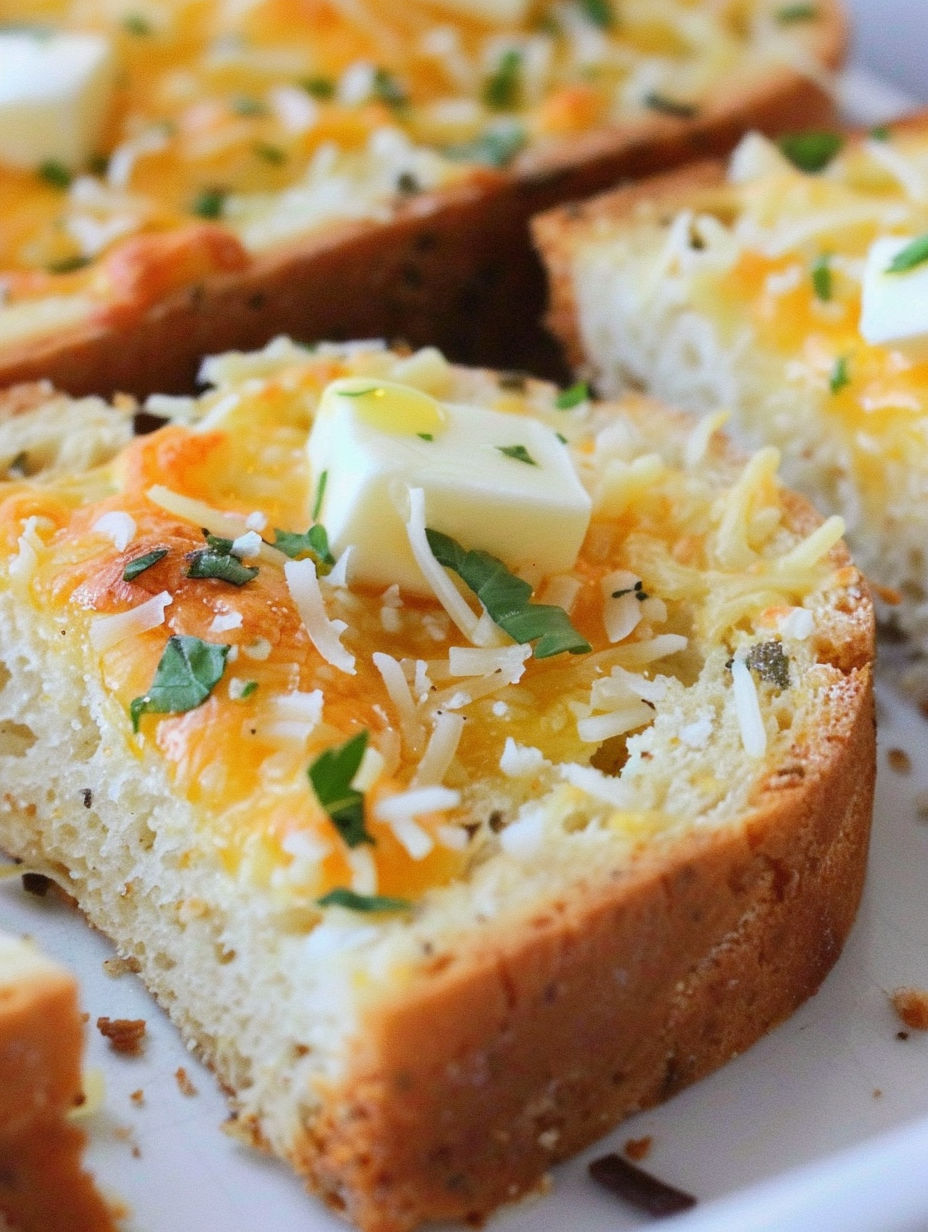 A slice of garlic toast with cheese on top.