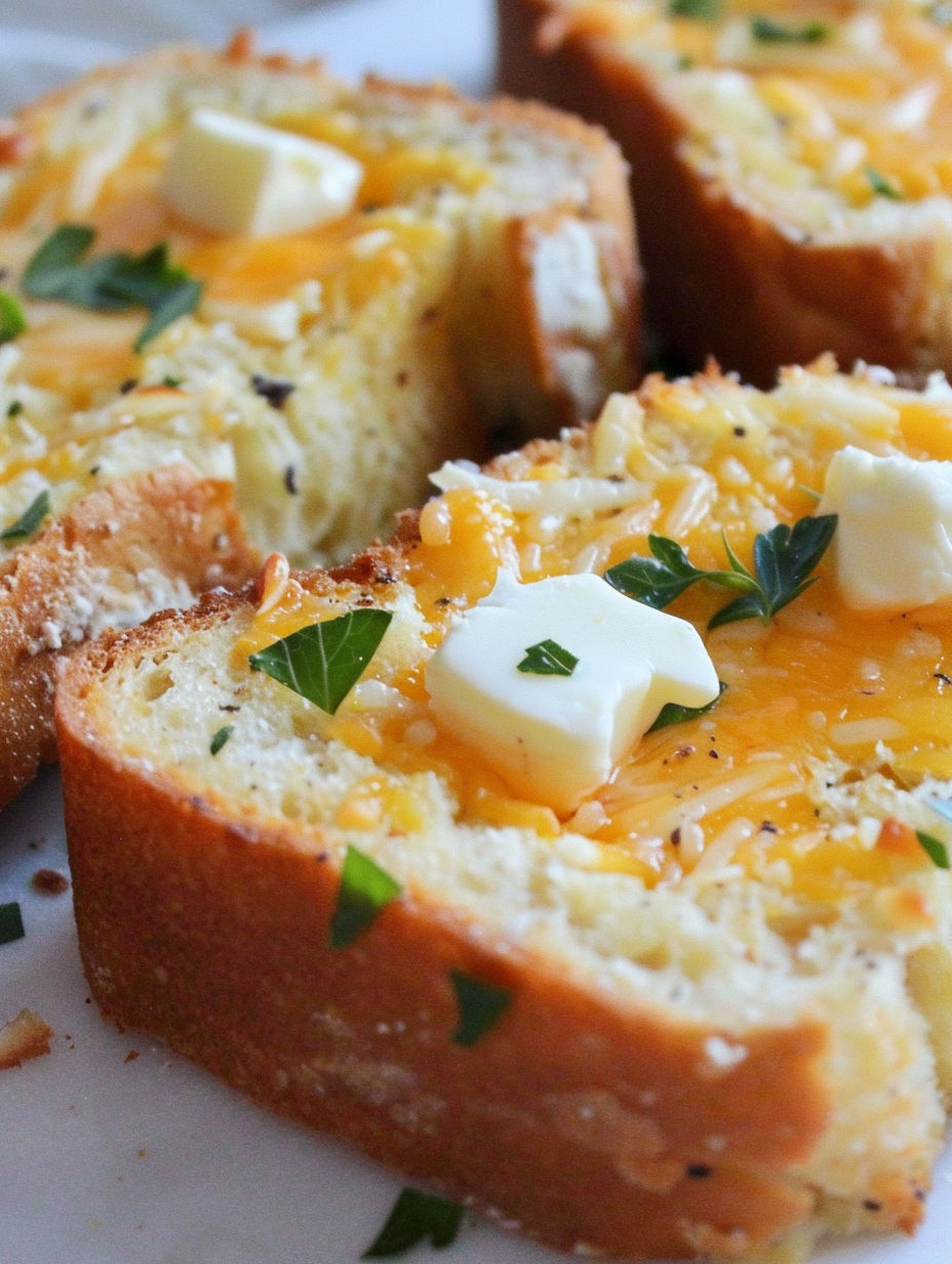 A slice of garlic toast with butter and herbs on top.