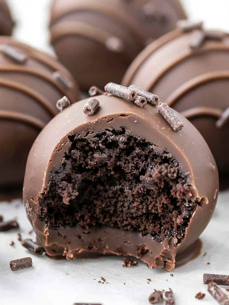 A chocolate cheesecake truffle with a bite taken out of it.