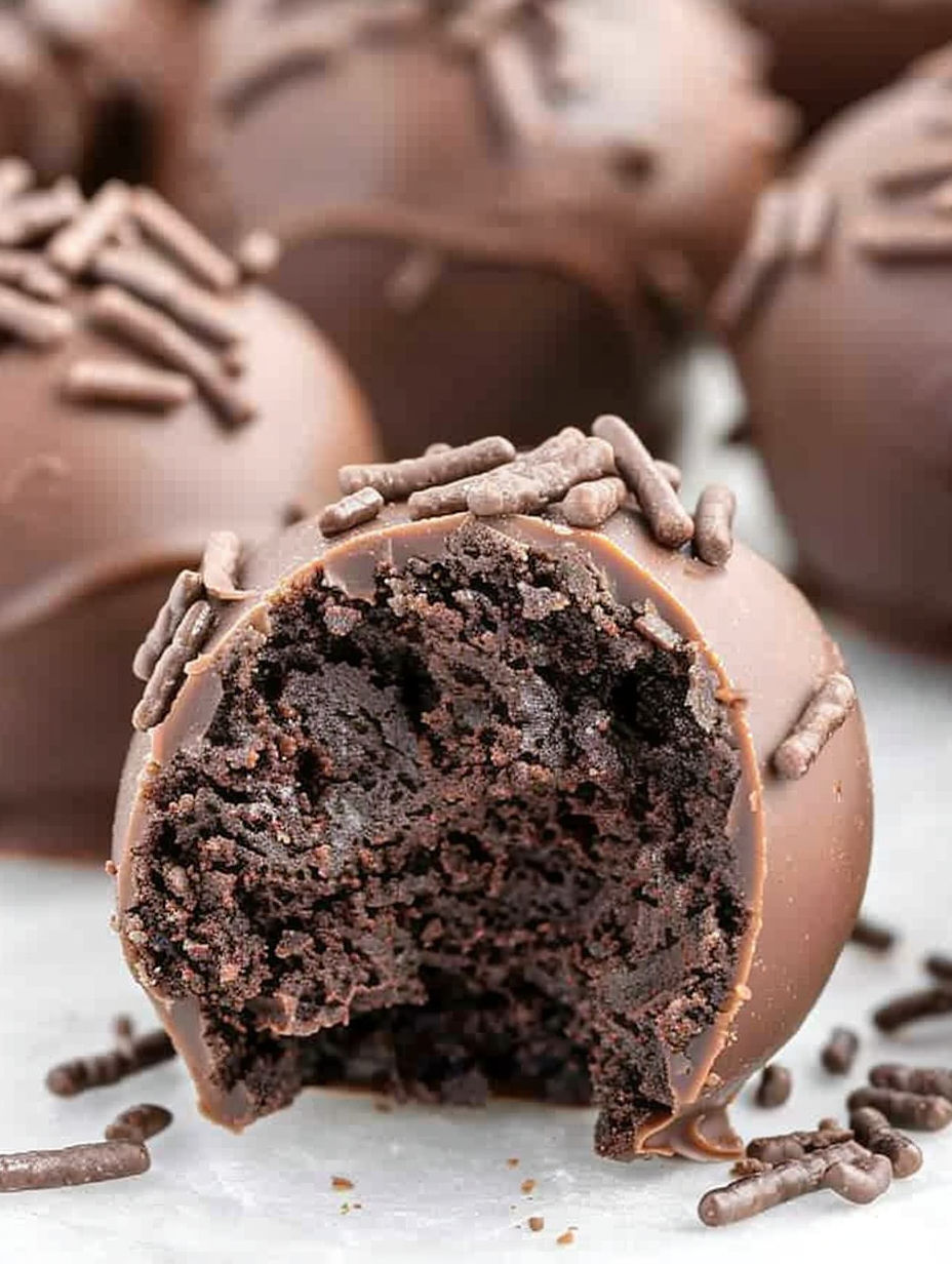 A chocolate cheesecake truffle with a bite taken out of it.