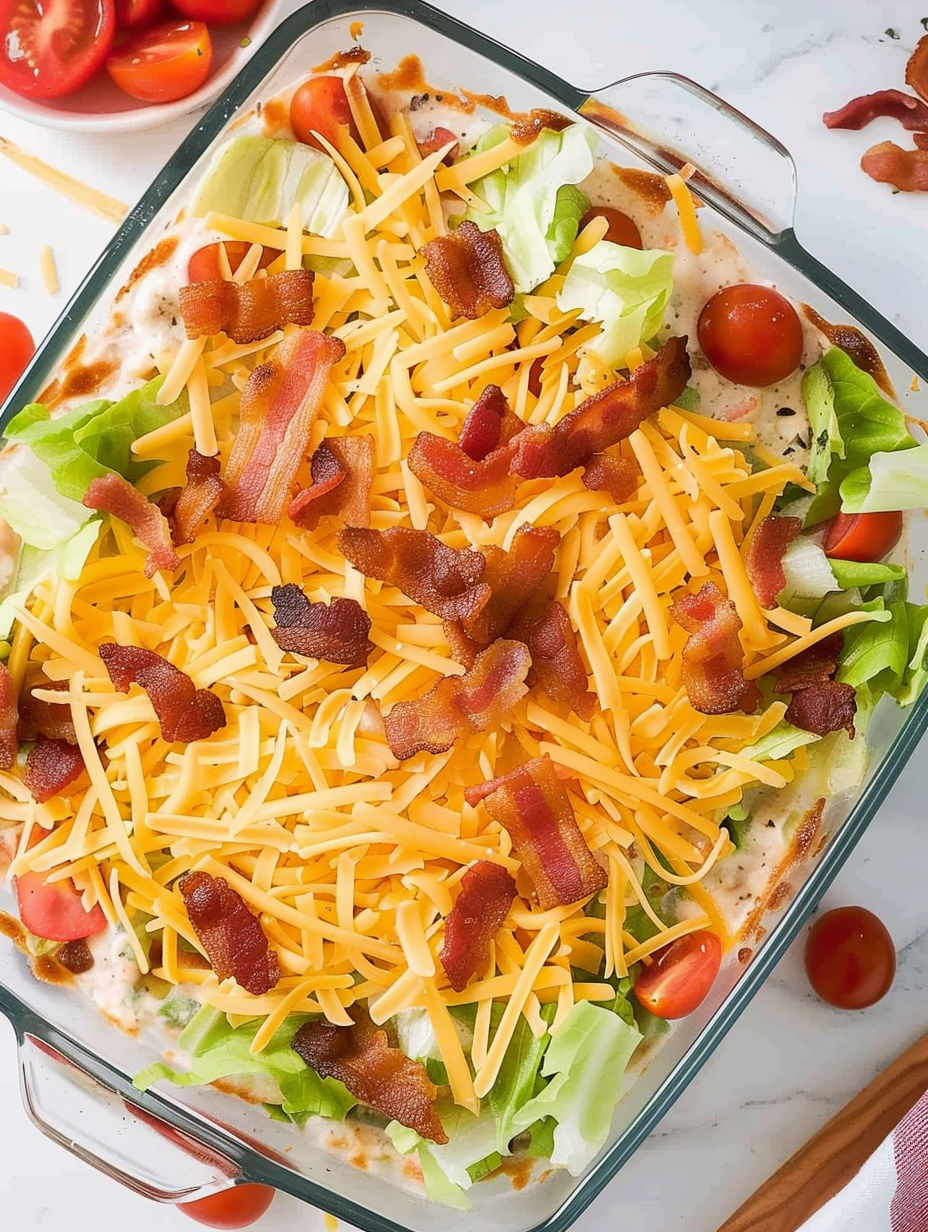 A BLT dip in a glass bowl.