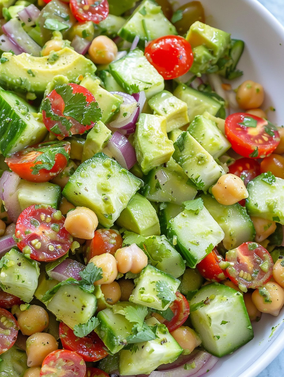 A salad with tomatoes, cucumbers, avocado, and cilantro.