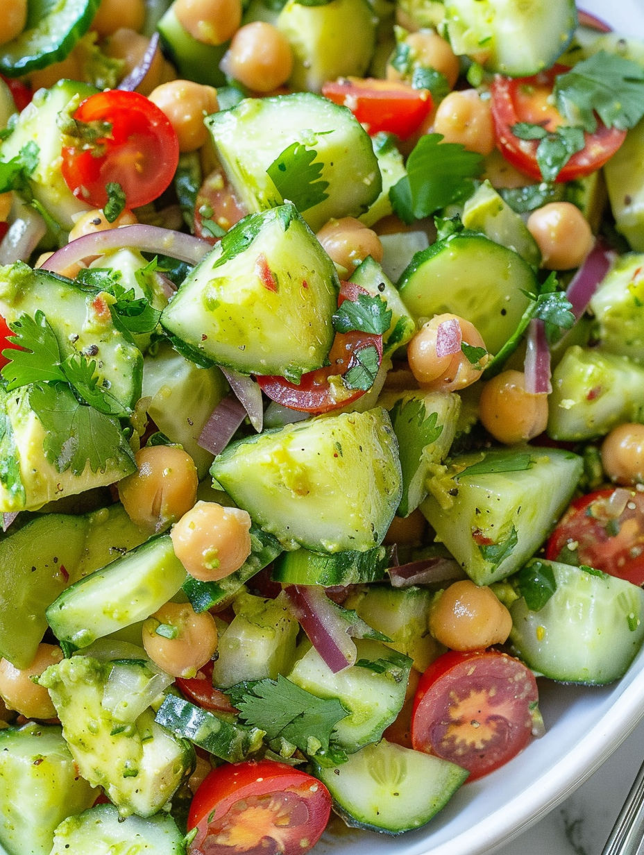 A salad with cucumber, tomatoes, and avocado.