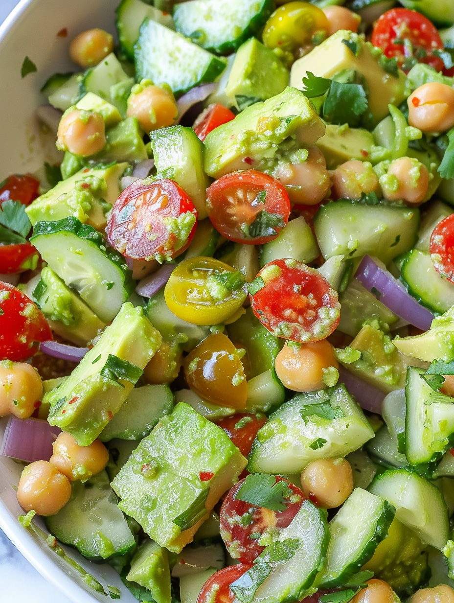 A bowl of cilantro lime avocado cucumber salad with tomatoes.