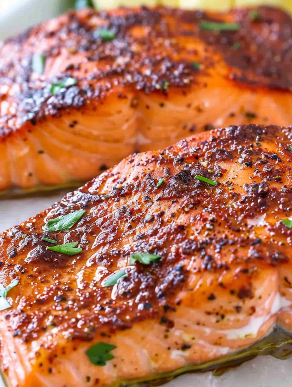 A close up of cooked salmon with a sprig of parsley on top.