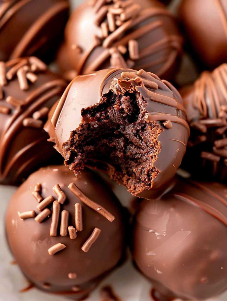 A chocolate ball with a bite taken out of it.