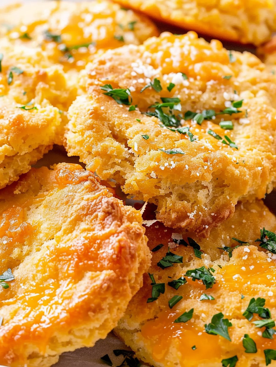 A close up of a biscuit with cheese and herbs on top.