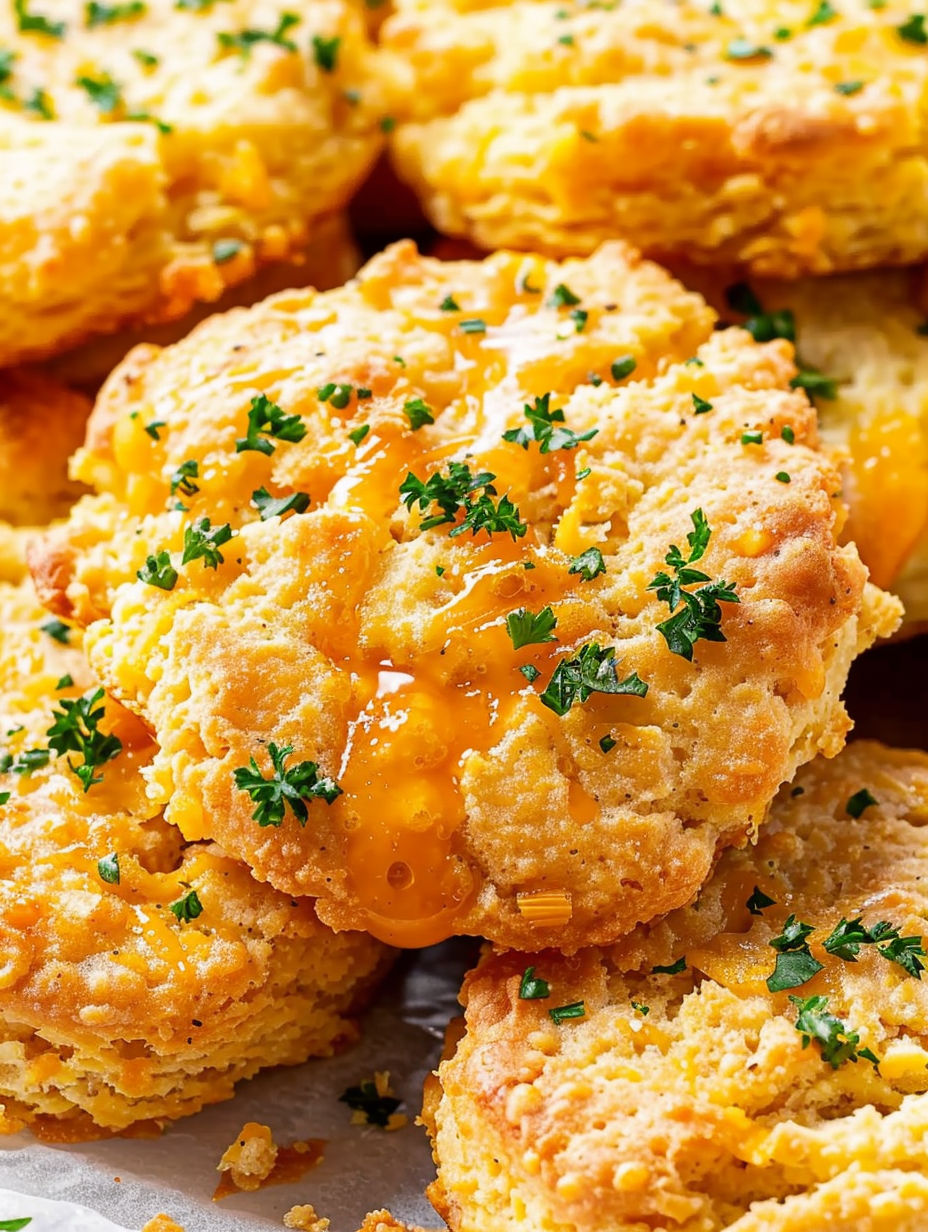 A close up of a biscuit with cheese and herbs.