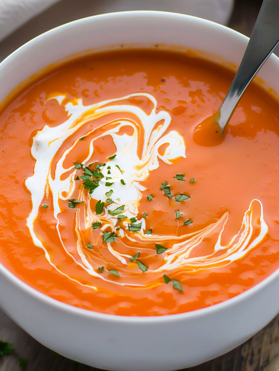 A bowl of soup with a spoon in it.