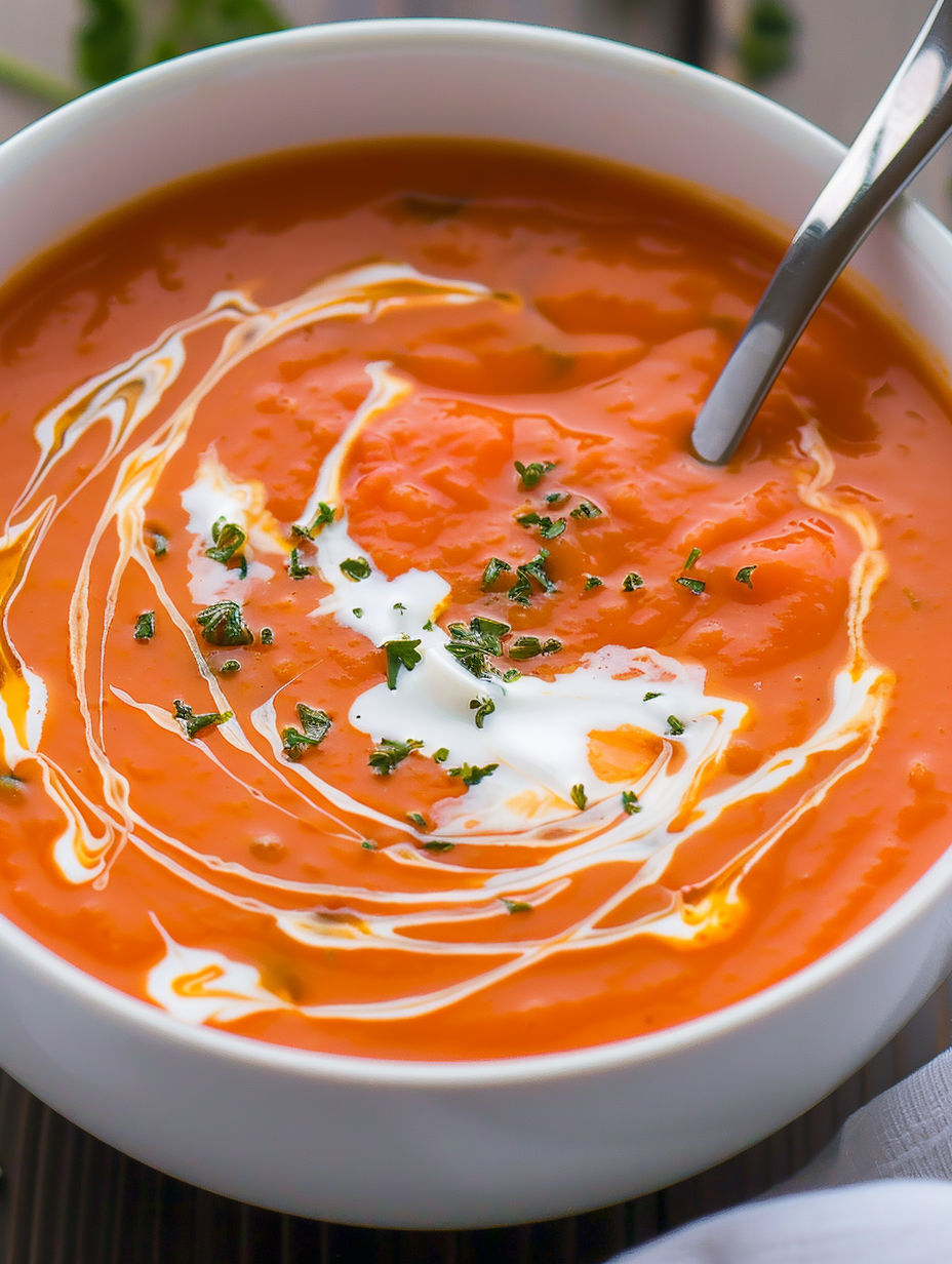 A bowl of soup with a spoon in it.