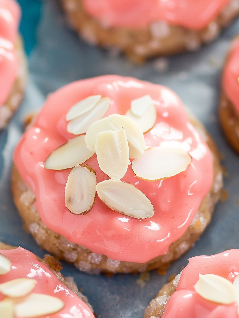 A close up of a pink sugar cookie with almonds on top.