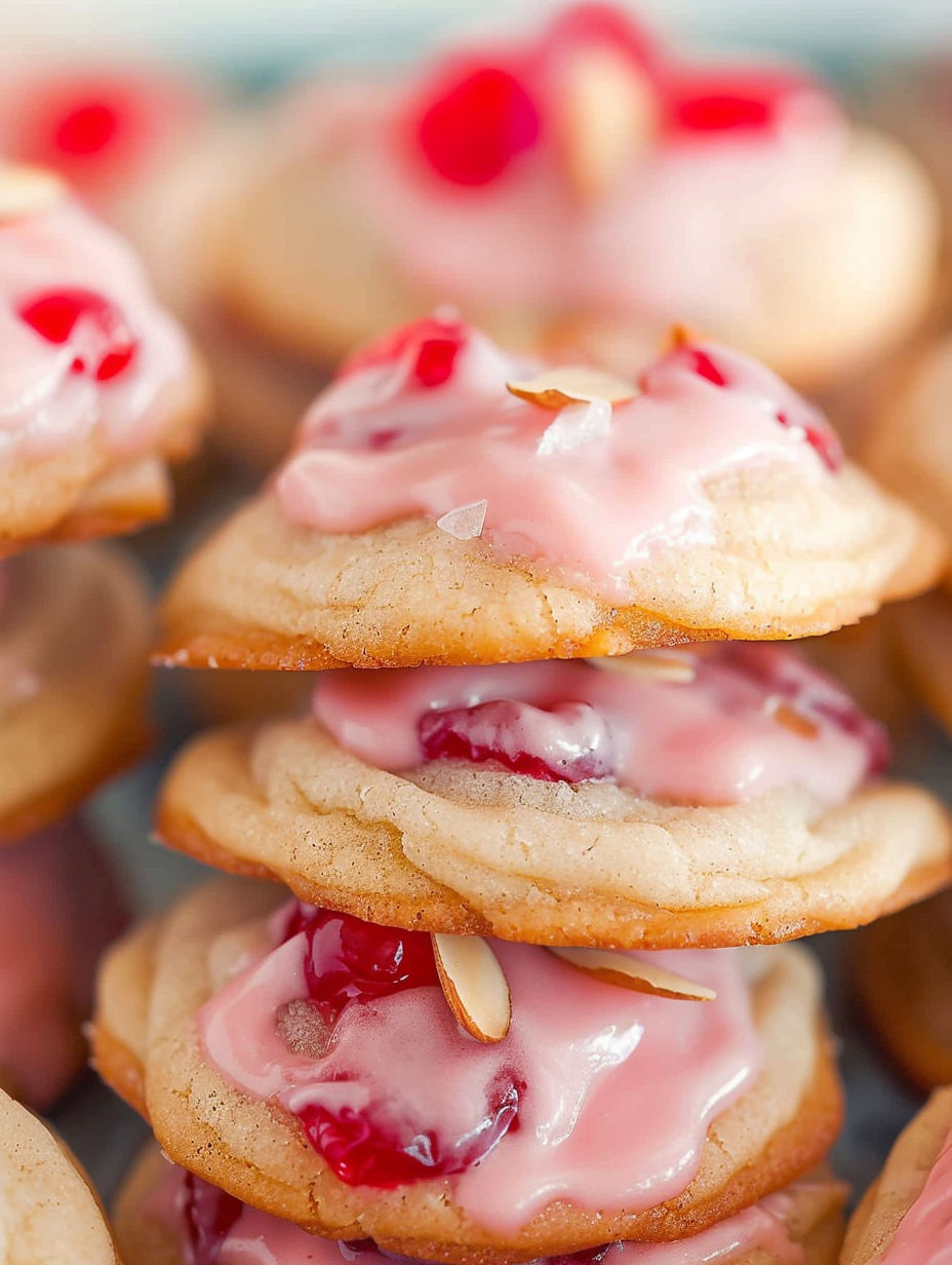A stack of sugar cookies with cherries and almonds on top.