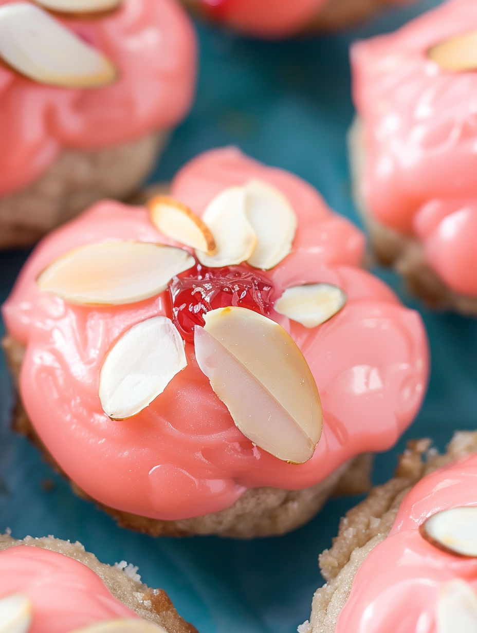 A close up of a cherry almond amish sugar cookie.