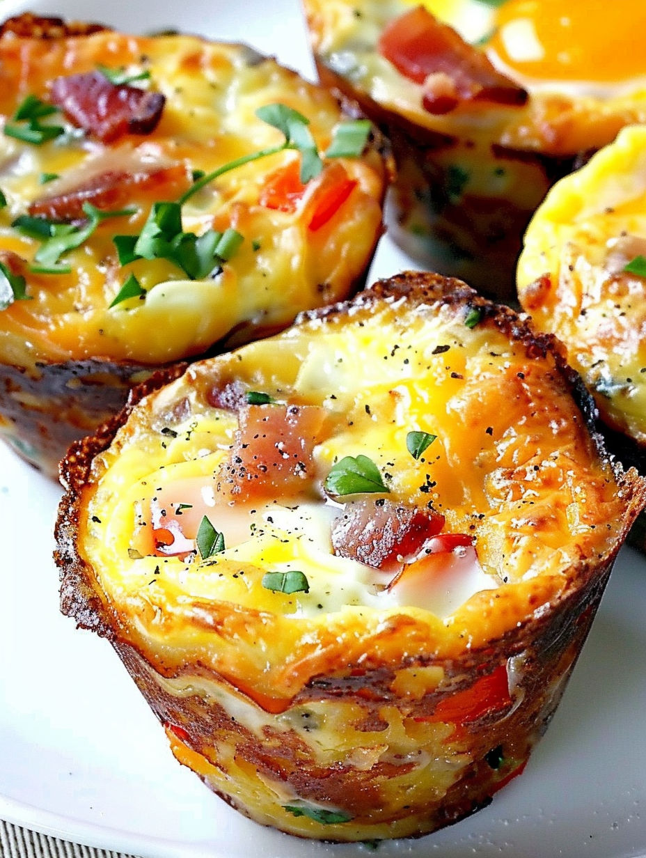 A plate of breakfast muffins with bacon and cheese.