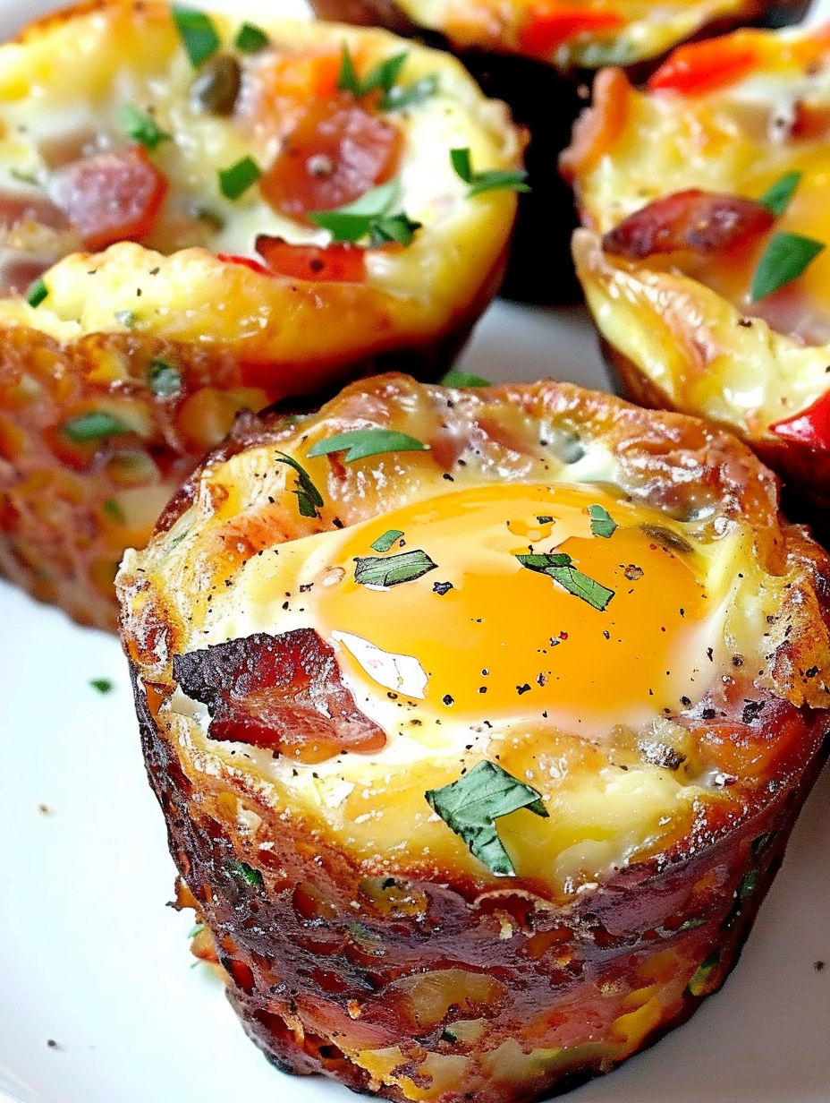 Three muffins with eggs and bacon inside.