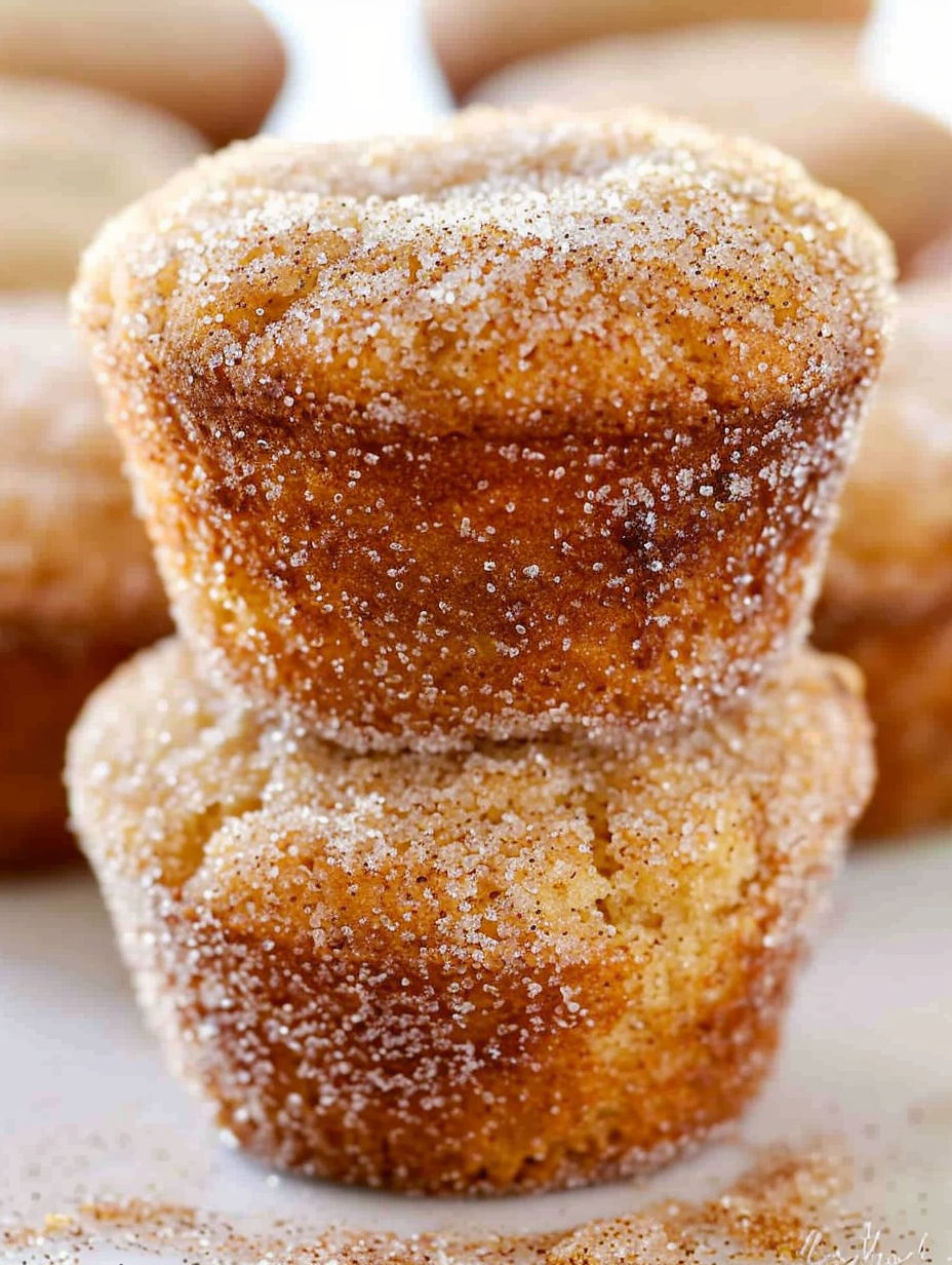 Three cinnamon sugar donut muffins stacked on top of each other.