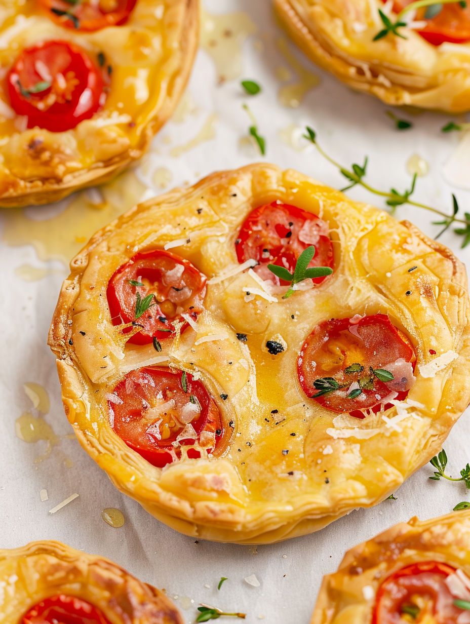 A close up of a tomato upside down puff pastry tart.