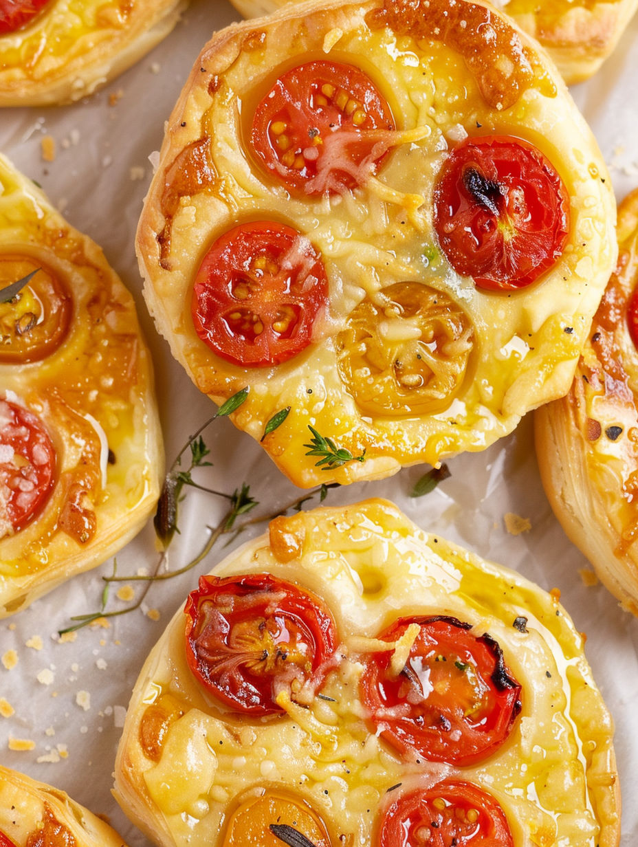A close up of a tomato upside down pastry tart.