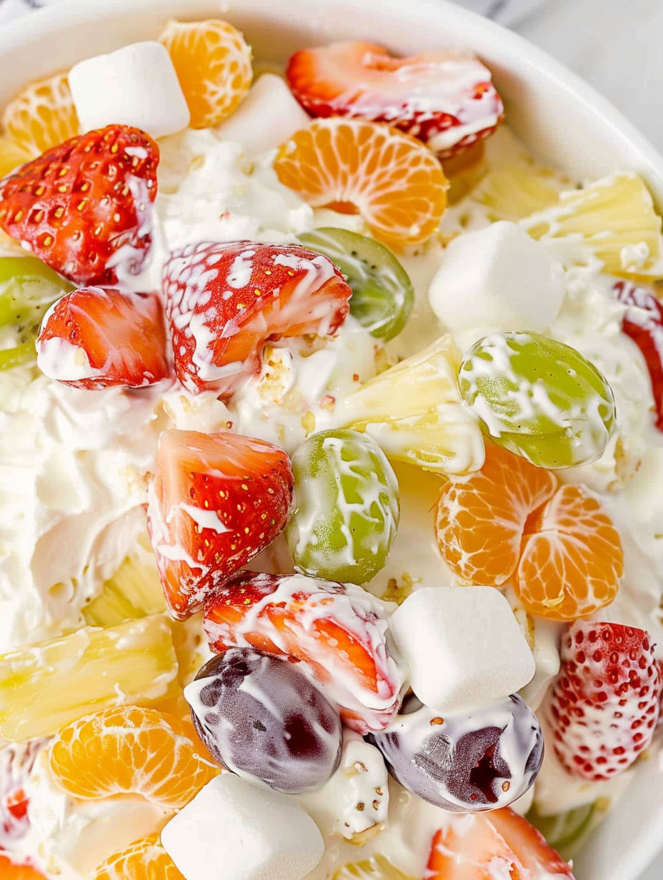 A fruit salad with strawberries, kiwi, and oranges.