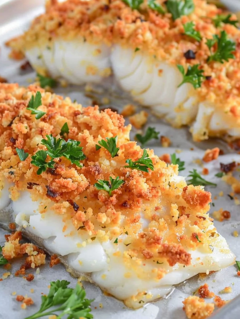 A close up of a piece of fish with crispy Parmesan.