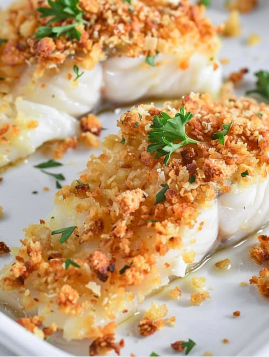A piece of fish with crispy Parmesan on top.