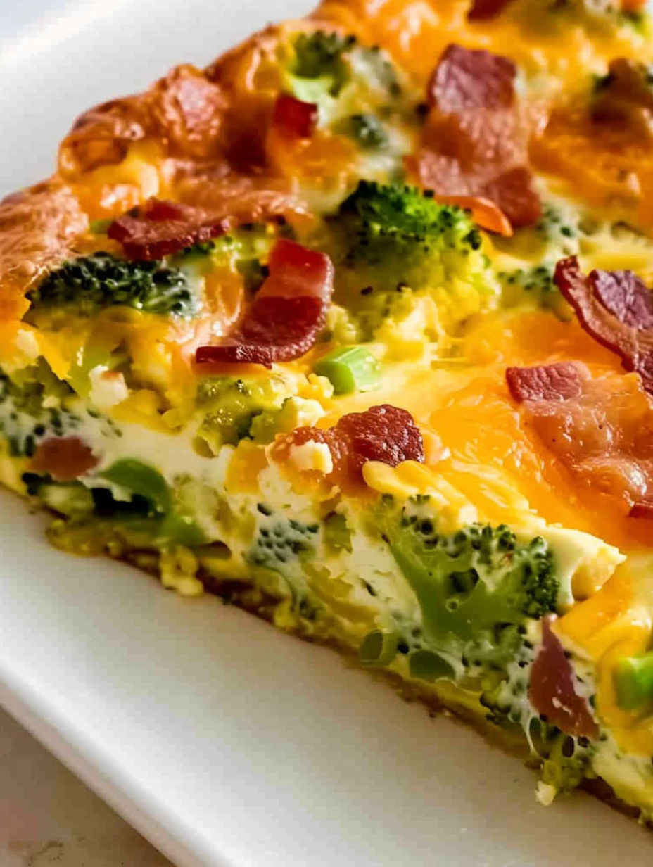 A slice of a keto overnight breakfast casserole with broccoli and bacon.