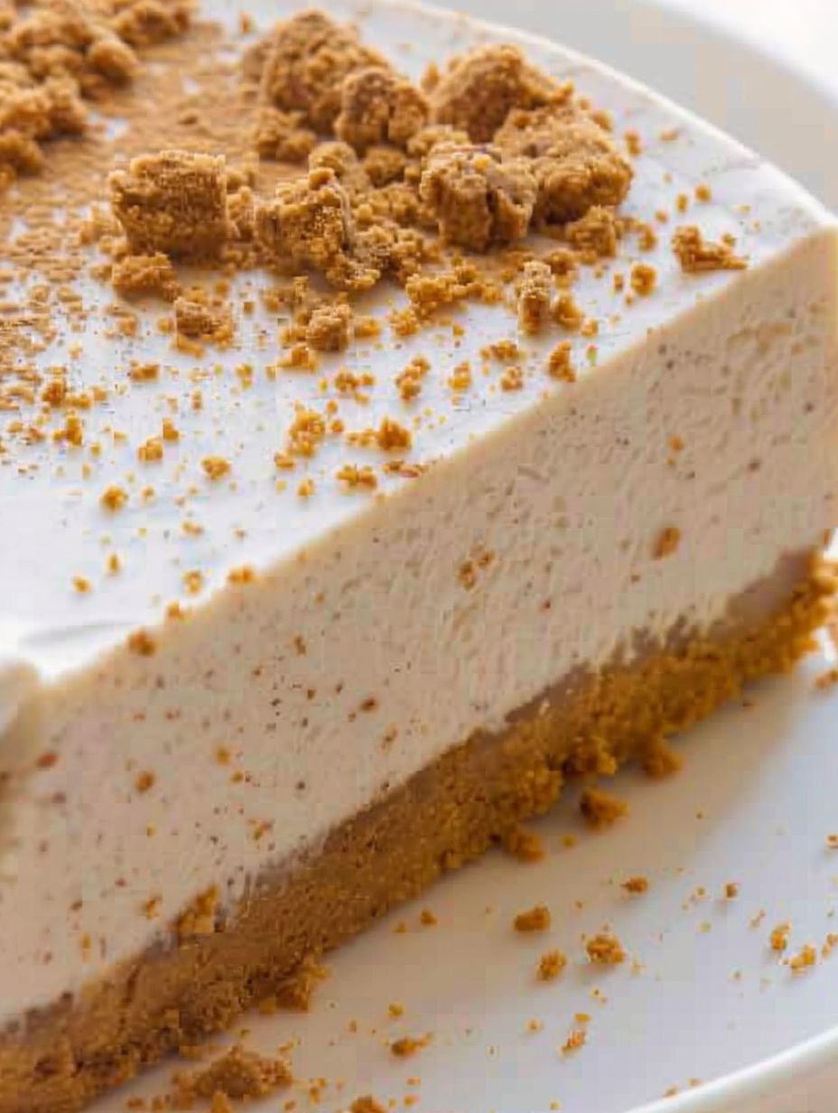 A slice of a no-bake speculoos cake.