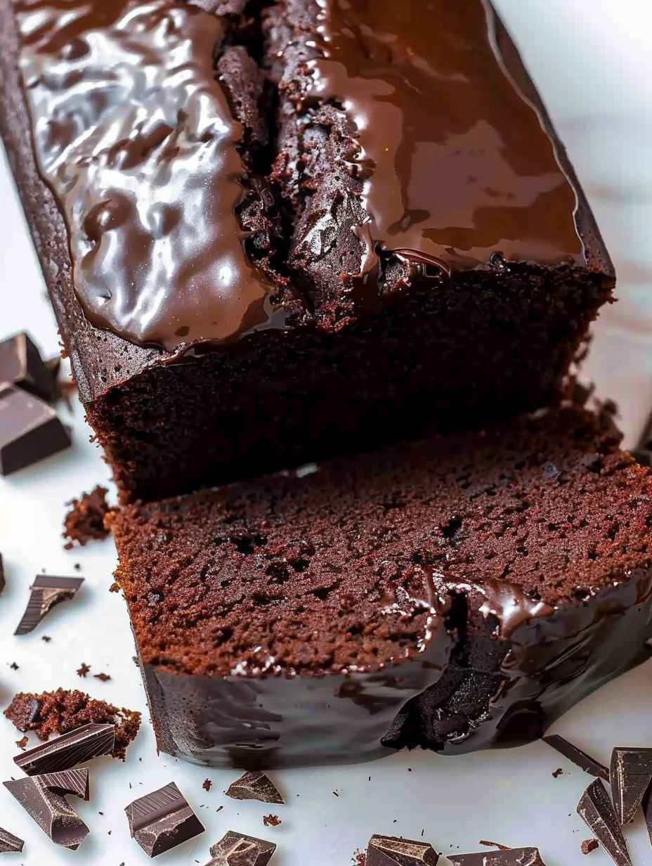 A slice of moist chocolate loaf cake.
