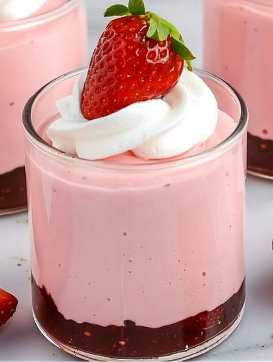A glass of strawberry mousse with a strawberry on top.