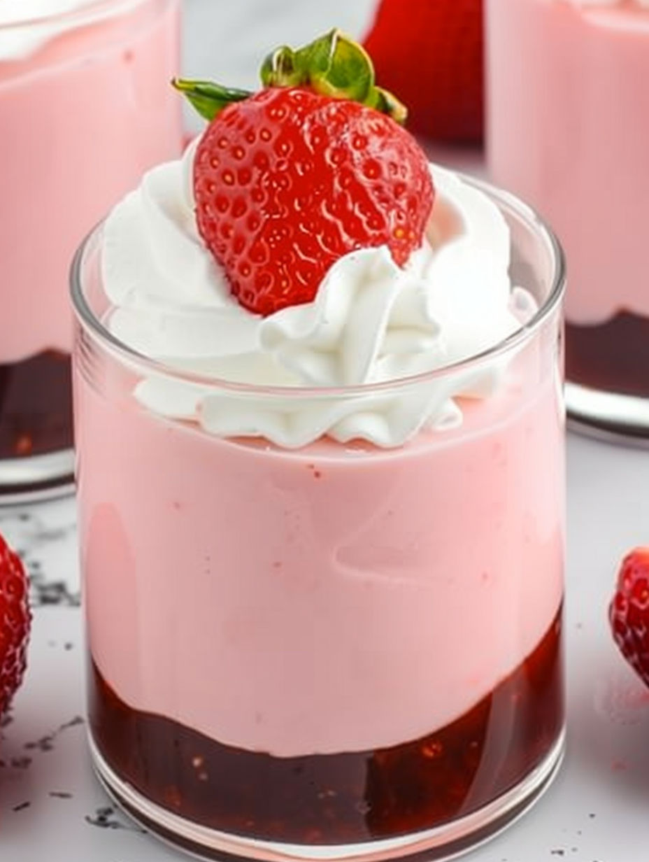 A glass of strawberry mousse with a strawberry on top.