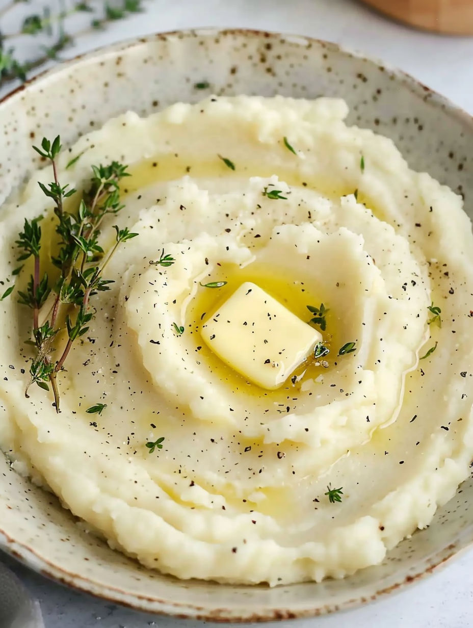 A bowl of mashed cauliflower with roasted garlic butter.