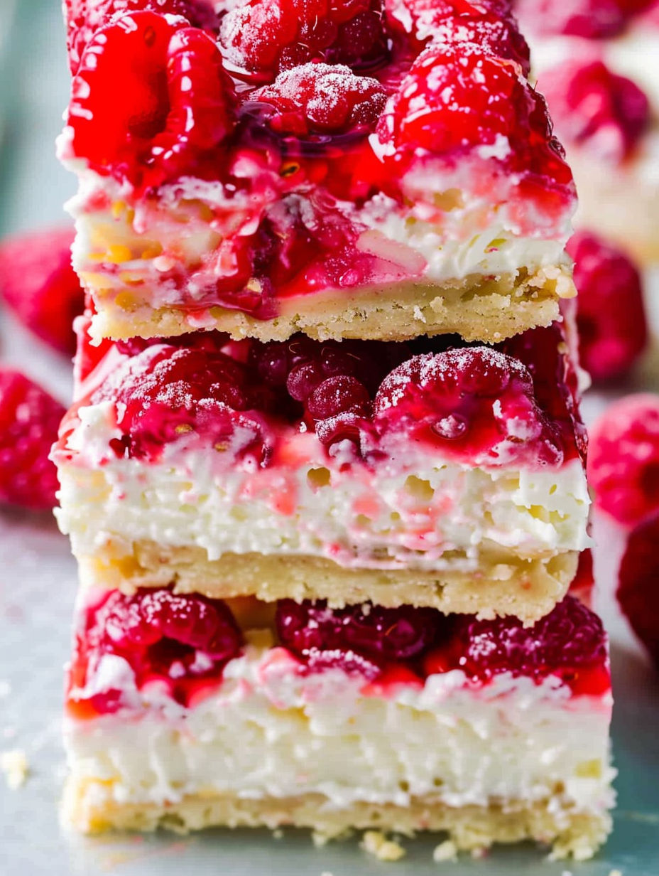 A stack of three raspberry cream cheese bars.