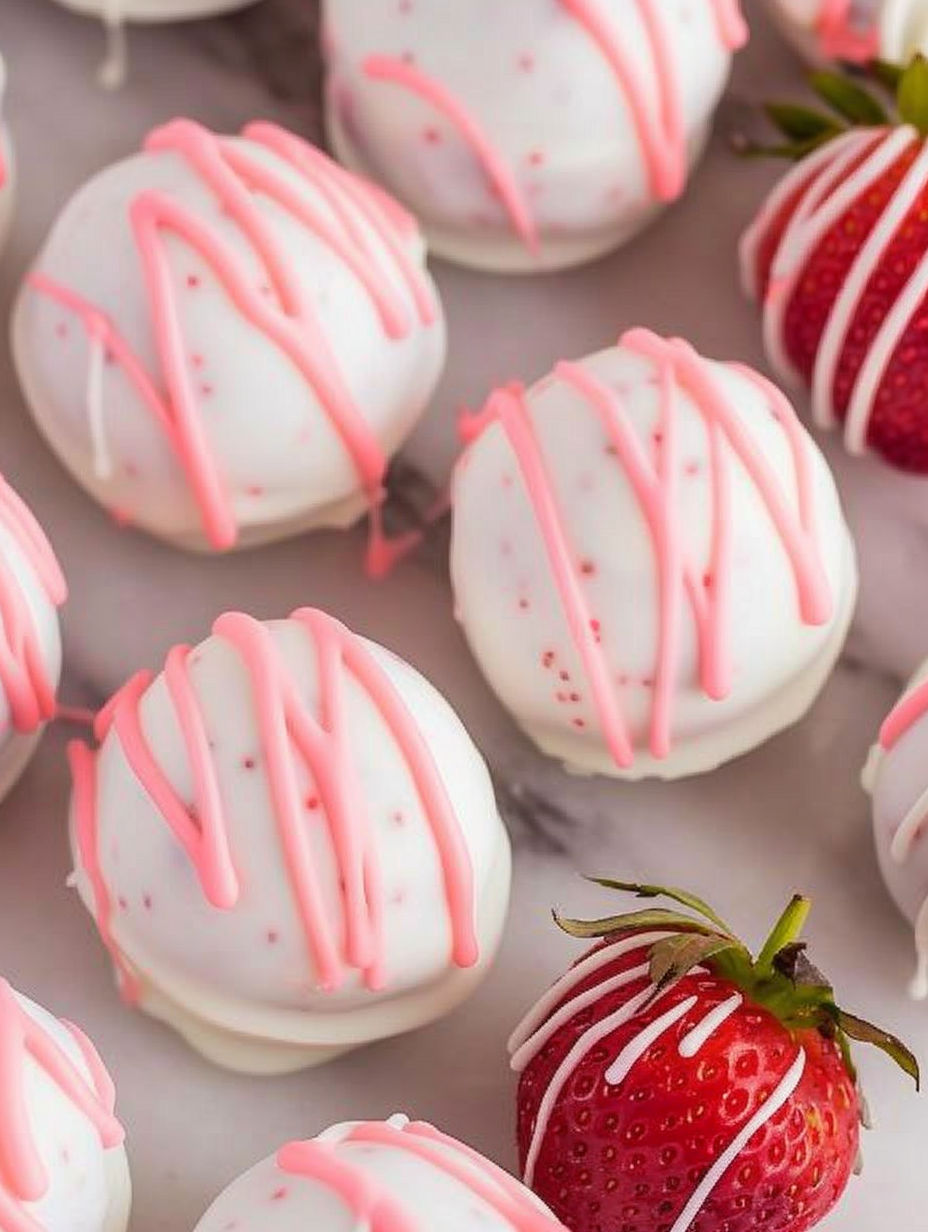 A plate of pink and white Oreo balls with strawberries.