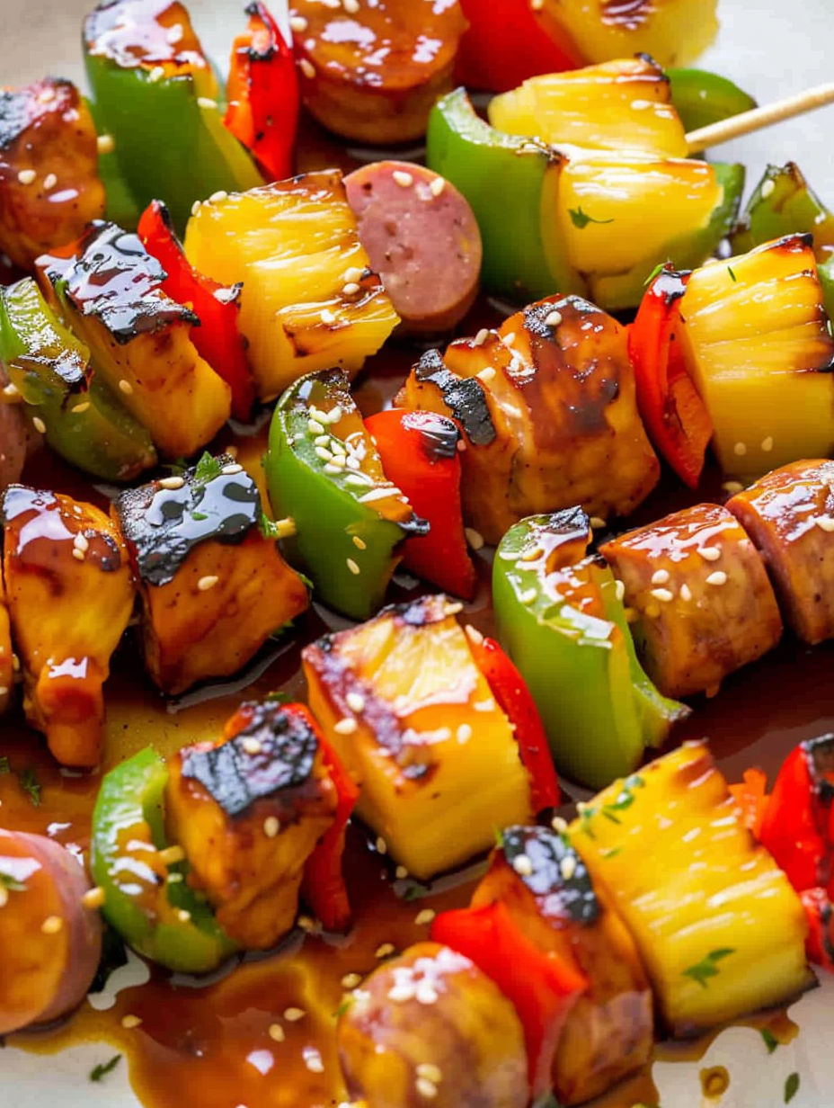 A plate of teriyaki chicken pineapple kabobs.
