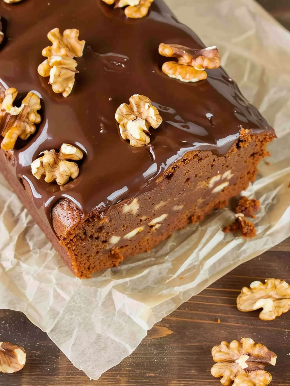 A slice of chocolate cake with walnuts on top.