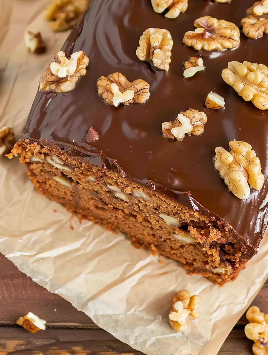 A slice of chocolate cake with walnuts on top.