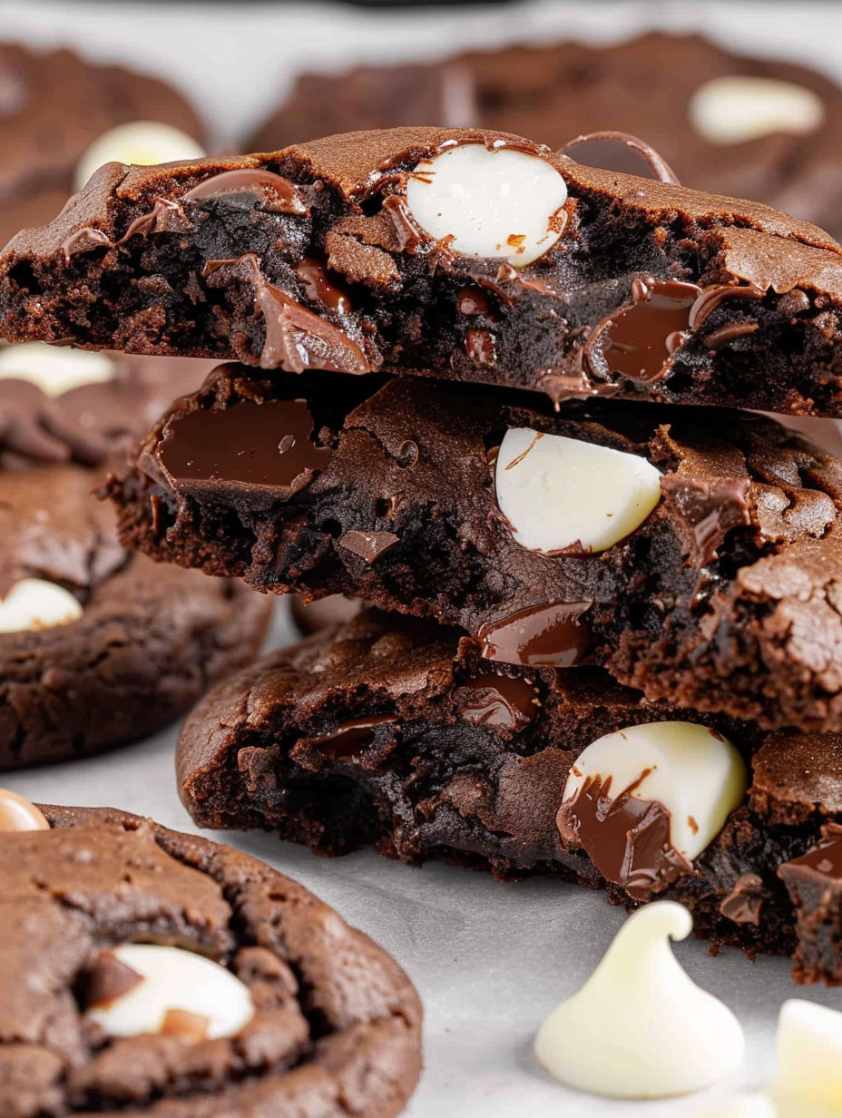 Triple chocolate cookies with white icing.