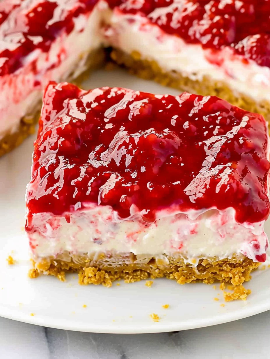 A slice of no bake raspberry cheesecake.