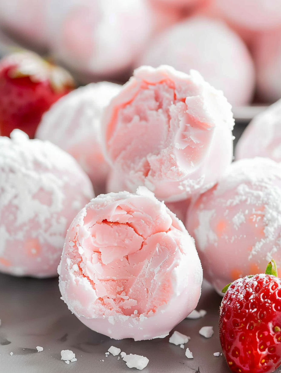 A bowl of pink frosted strawberry truffles.