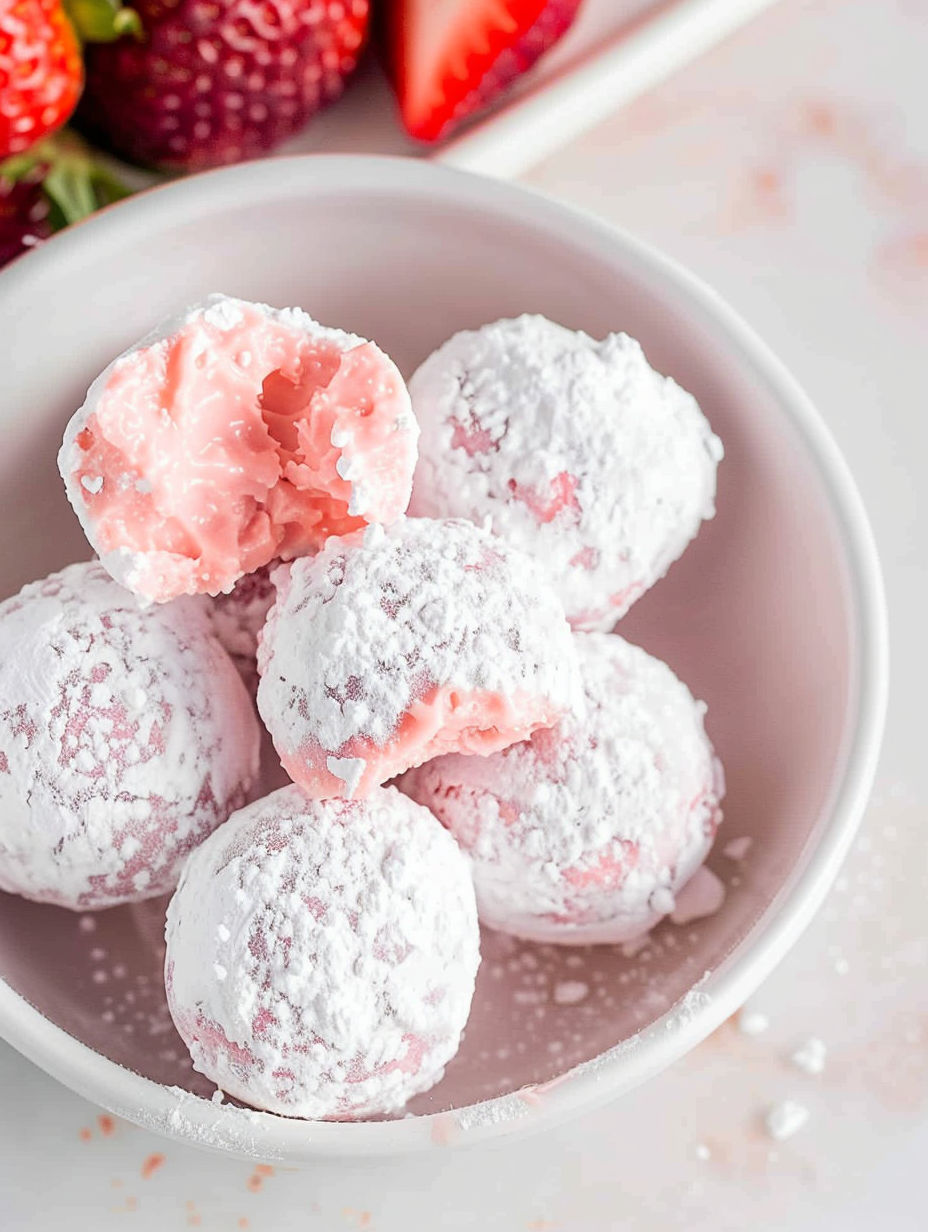 A bowl of pink and white truffles.