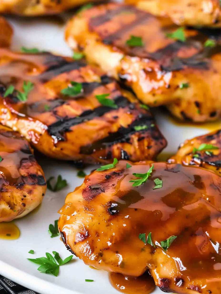 A close up of grilled chicken with a sauce.